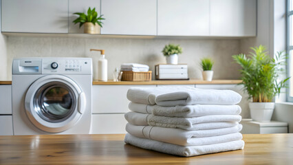 Stack of clean white towels in a tidy laundry room , laundry, home, cleaning, organized, household, soft, fluffy, fabric, pile