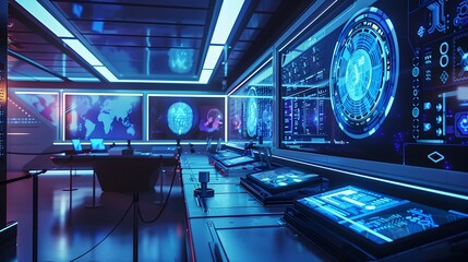 Immersive Futuristic Science Exhibit with Interactive Displays and Holographic Visualizations