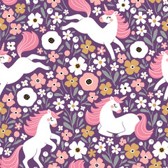 Seamless vector pattern with cute unicorns on floral background. Perfect for textile, wallpaper or print design. EPS 10 vector file. Perfect for textile, wallpaper or print design.