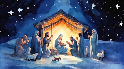 Watercolor of the nativity in indigo tones