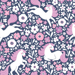 Seamless vector pattern with cute unicorns on floral background. Perfect for textile, wallpaper or print design. EPS 10 vector file. Perfect for textile, wallpaper or print design.