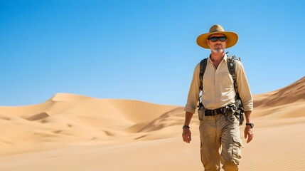 Explorer walking through the desert under a clear blue sky with vast sand dunes