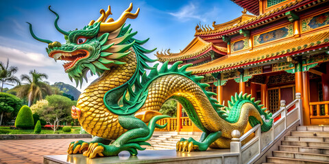 Majestic green dragon statue with golden accents in tranquil temple grounds, dragon, statue, green, majestic, golden, tranquil