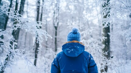 Lone traveler hiking through a snowy forest path surrounded by snow-covered trees in winter landscape
