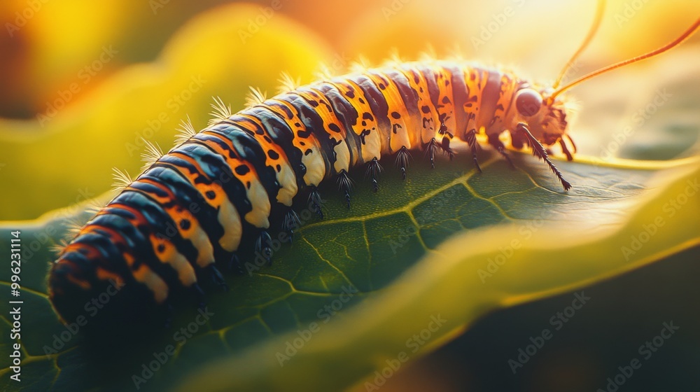 Poster a caterpillar crawling on a sunlit leaf, the focus on the intricate patterns and vibrant colors of b