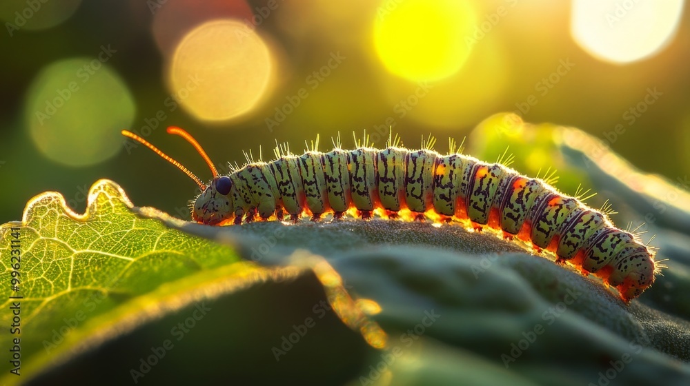 Poster a caterpillar crawling on a sunlit leaf, the focus on the intricate patterns and vibrant colors of b