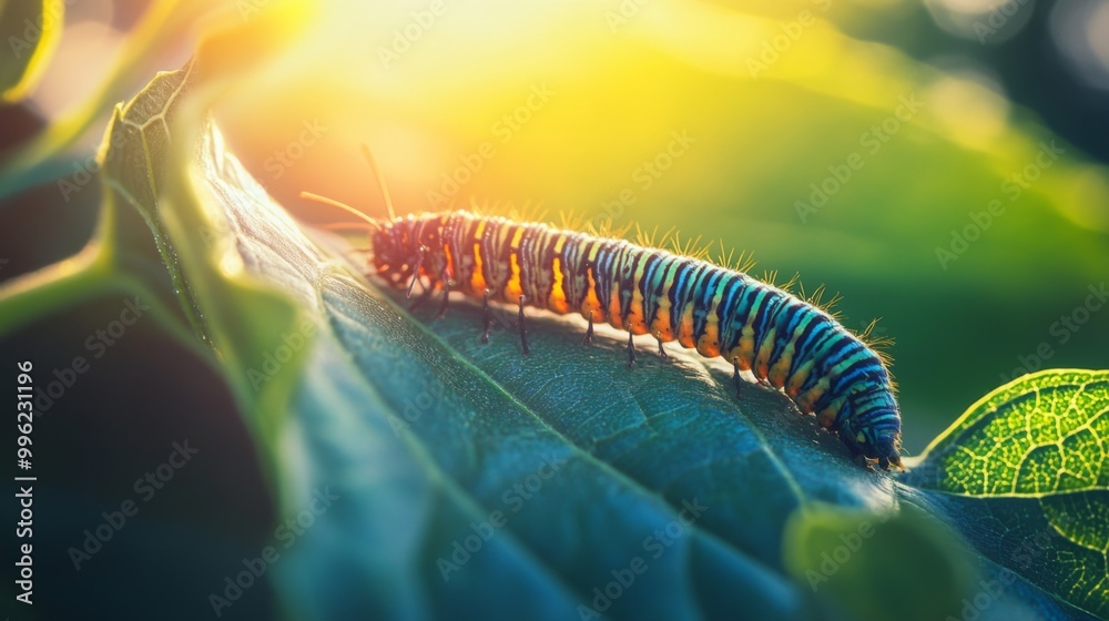 Poster a caterpillar crawling on a sunlit leaf, the focus on the intricate patterns and vibrant colors of b