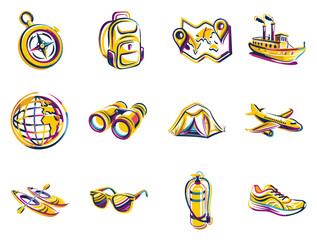 Travel icons collection in colorful, cartoon style for adventure and exploration concepts
