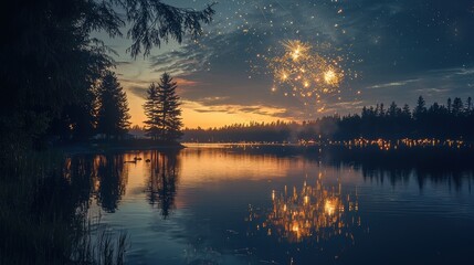 Fototapeta premium Midnight Fireworks Reflections on Serene Lake