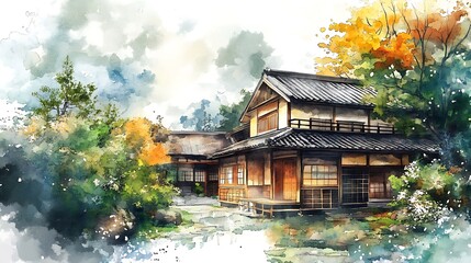 Fototapeta premium Watercolor Painting of a Traditional Japanese House with a Garden