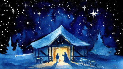 Watercolor of the nativity in dark blue tones