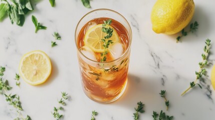 Iced Tea in a Tall Glass with Lemon and Herbs