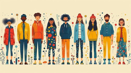 Various abstract People and doodle objects. Young men and women standing together in colorful clothing. Cartoon style characters. Hand drawn trendy Vector illustration. Square seamless Pattern