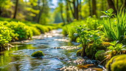 Fototapeta premium Beautiful close up stream with young green plants, perfect for springtime concepts, stream, water, fresh, plants, green
