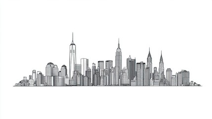 Skyline illustration of a cityscape in black and white.