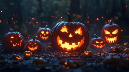 Fototapeta premium Collection of glowing Halloween pumpkins with carved faces in a spooky forest.