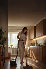 A woman is engaged in cleaning her kitchen with a vacuum cleaner, showcasing a tidy and well-lit space