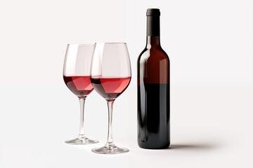 Wine bottle with glass on white background. Wine related themes. Wine professions. Onologist. Wine shop. Buying and selling wine. Images for graphic designers. Isolated wine. Image for website.