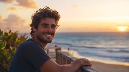 Smiling man leaning on a balcony with ocean sunset in the background