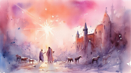 Obraz premium Watercolor of the nativity in vivid pink tones