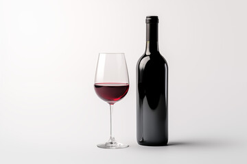Wine bottle with glass on white background. Wine related themes. Wine professions. Onologist. Wine shop. Buying and selling wine. Images for graphic designers. Isolated wine. Image for website.