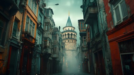 Obraz premium Mysterious alleyway leading to a historic tower in a foggy setting.