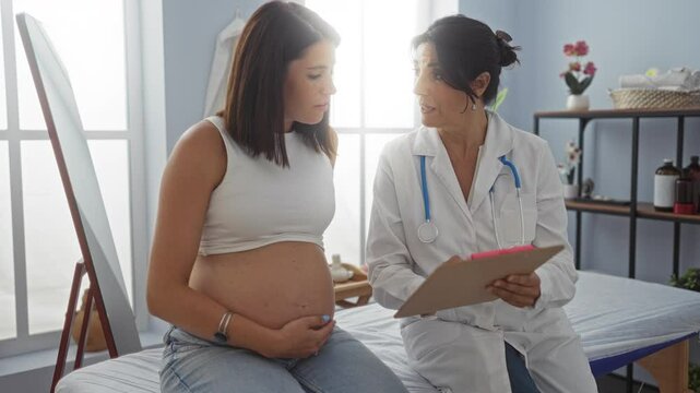 Pregnant woman consulting female doctor in medical clinic room during prenatal checkup