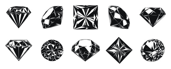 Black diamond shapes vector illustration. Set of various cut gemstone in different geometric styles.