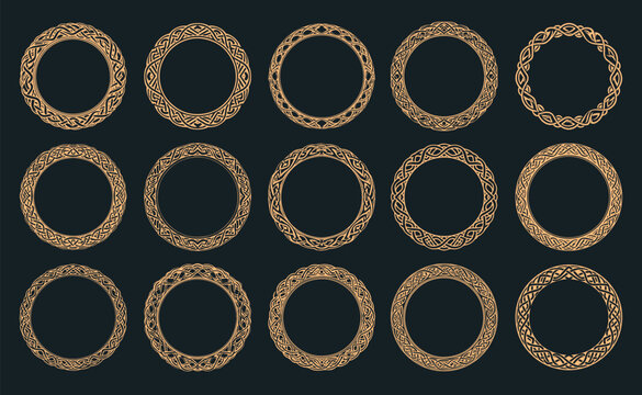 Irish Celtic vector round frame set, braided mandala pattern - greeting card and invitation background, St Patrick s Day ornament. Retro Celtic Black and Gold borders pattern collection isolated