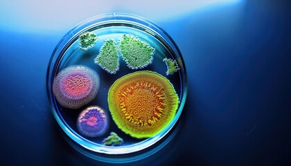 Petri dish with vibrant microorganisms on blue background.