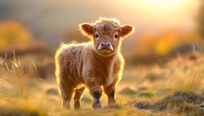 Fototapeta premium a fluffy highland calf curiously explores its bright surroundings