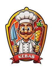 Kebab Chef Cartoon Mascot: A jovial cartoon chef in a white hat, holding a knife and a kebab, with a red ribbon reading 'Kebab'. This illustration is perfect for restaurant menus, branding.