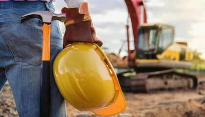 Construction worker holding helmet and tool, outdoor site.