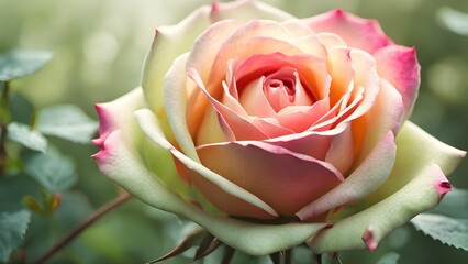 A close-up of a delicate pink and white rose with green foliage in the background.