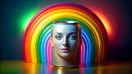 Sculpture of a woman's face emerging from a can coated in neon rainbow colors , surreal, creative, vibrant