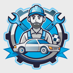 Mechanic Logo: A confident mechanic with a beard, wearing a blue hard hat and overalls, stands proudly in front of a car with crossed wrenches and a gear.
