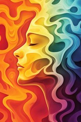 A vibrant, abstract depiction of a woman's profile with colorful, flowing patterns.