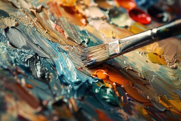 Fototapeta premium Artist creates oil painting with brush on palette Macro palette Palette with brush Artist paints with oils Art palette