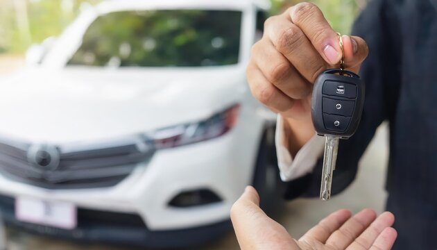 Car key handover, focus on keys and vehicle background.