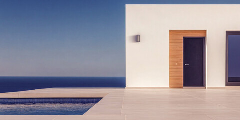Modern villa exterior with a swimming pool overlooking the ocean at sunset in a serene coastal setting