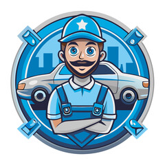 Trustworthy Auto Mechanic Cartoon Logo: A friendly and reliable cartoon mechanic with a confident smile and crossed arms, standing in front of a car.