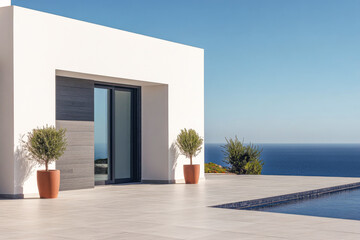 Modern coastal villa with stunning ocean views and a serene outdoor patio under a clear sky