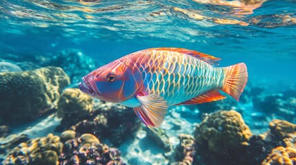 Naklejka premium A vivid parrotfish swimming in clear tropical waters, with bright scales and coral reefs visible in the background.
