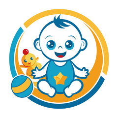Happy Baby Cartoon: Adorable baby with a big smile, sitting with a toy chick and a ball. Perfect for nursery decorations, baby products, and children's books.  