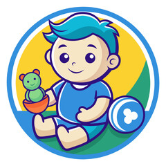 Playful Toddler with Toys: Adorable cartoon illustration of a happy baby boy playing with his toys. Perfect for children's products, websites, and educational materials.  