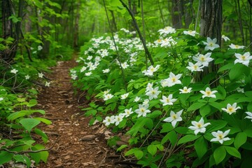 Blooming Virgin s Bower on Cape Croker hiking trail in Summer