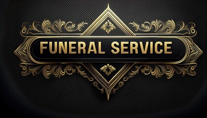 Elegant funeral service sign with ornate gold design.