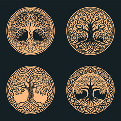 Celtic tree of life decorative Vector ornament, Graphic arts, dot work. Grunge vector illustration of the Scandinavian myths with Celtic culture. Black and Gold