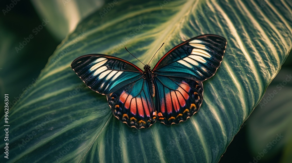 Poster a close-up of a butterfly resting on a large tropical leaf, its colorful wings spread open, with the