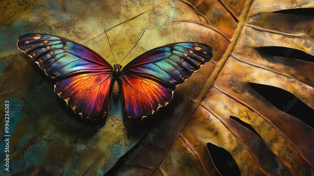 Poster a close-up of a butterfly resting on a large tropical leaf, its colorful wings spread open, with the